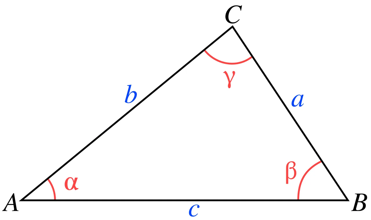 Треугольник ABC со сторонами a, b, c и углами alpha, beta, gamma